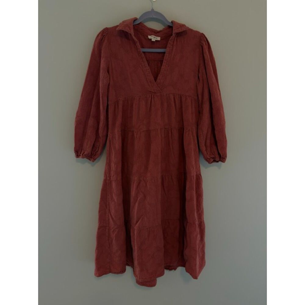 Umgee Sweet Glances Tiered Long Sleeve Midi Dress Rust Size S Cotton